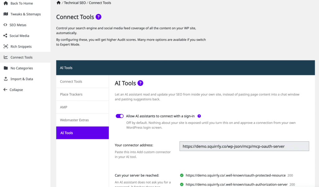 The AI Tools screen in Squirrly with the switch turned on, showing the connector address and two green server checks